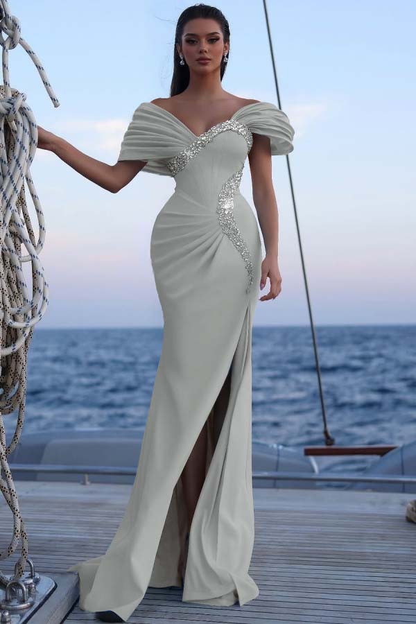 Blue Mermaid Prom Dress Beaded Off the Shoulder Formal Dress