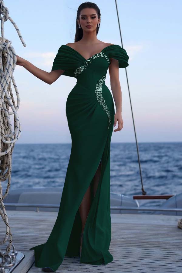 Blue Mermaid Prom Dress Beaded Off the Shoulder Formal Dress