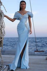 Blue Mermaid Prom Dress Beaded Off the Shoulder Formal Dress