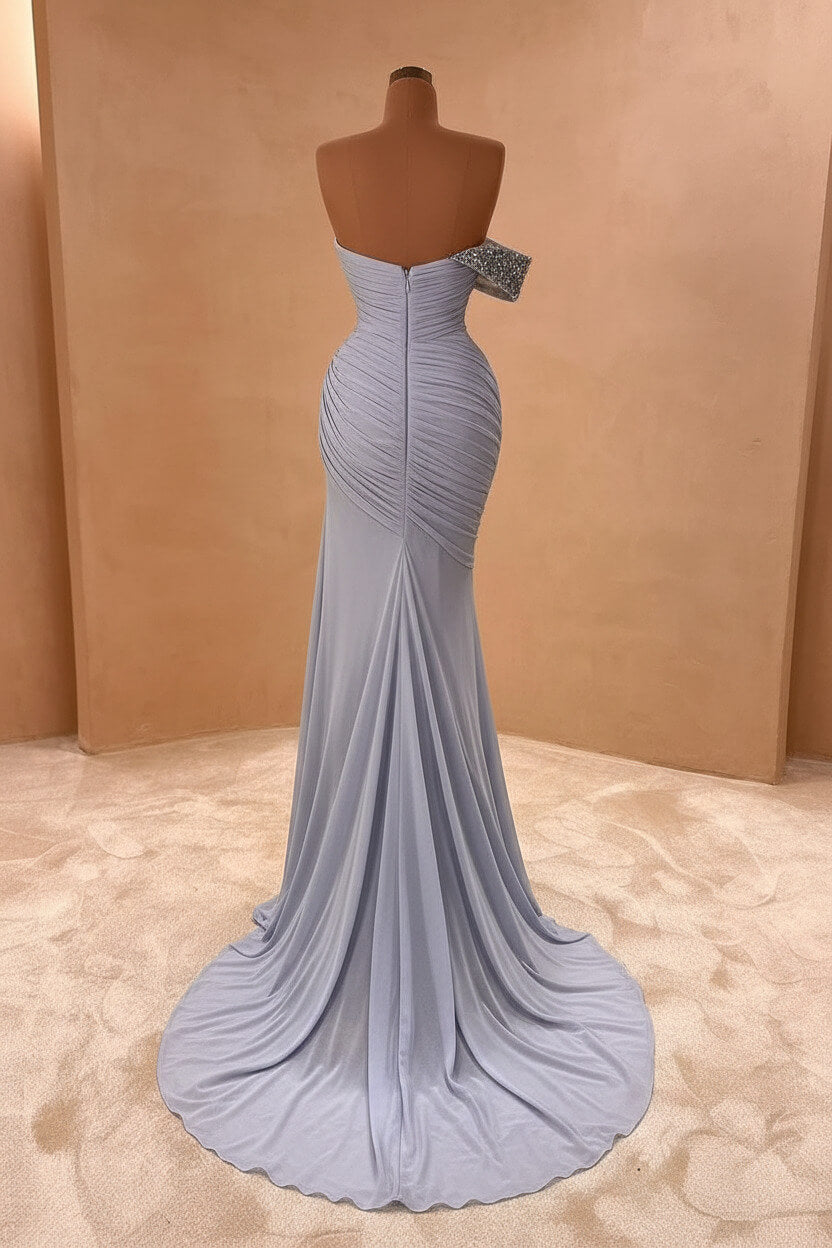 Blue Mermaid Prom Dress One Shoulder Beaded Formal Dress
