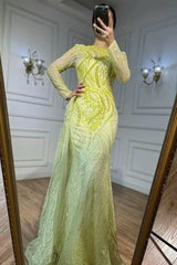 Blue Mermaid Prom Dress Long Sleeve Bateau Neck Formal Dress With Lace Appliques