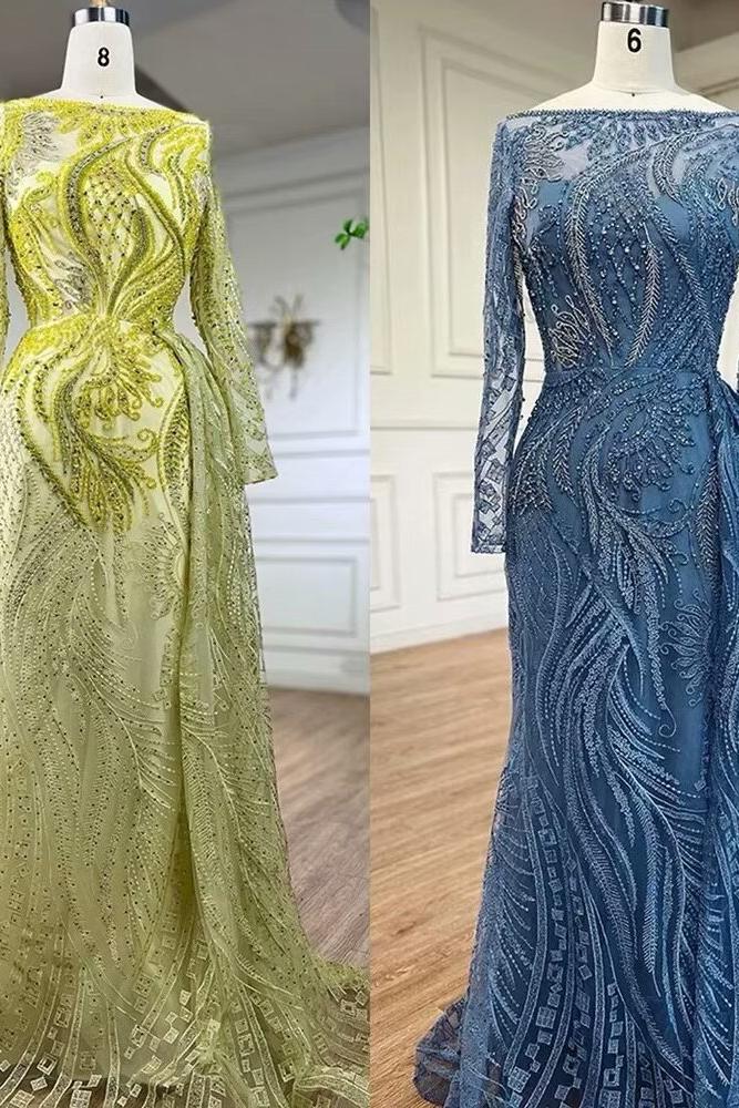 Blue Mermaid Prom Dress Long Sleeve Bateau Neck Formal Dress With Lace Appliques