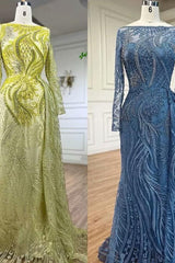 Blue Mermaid Prom Dress Long Sleeve Bateau Neck Formal Dress With Lace Appliques