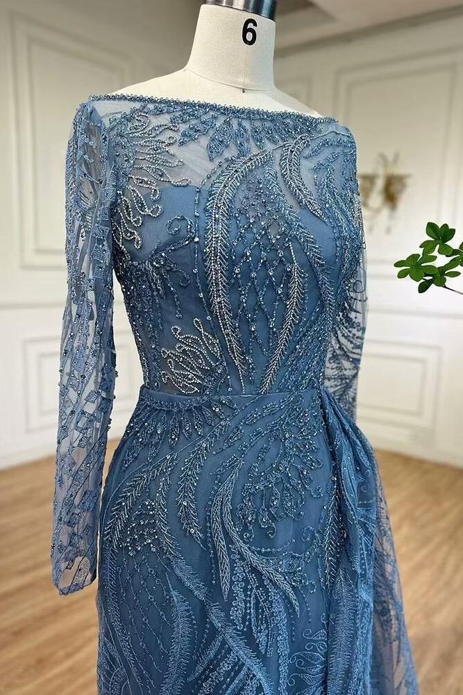 Blue Mermaid Prom Dress Long Sleeve Bateau Neck Formal Dress With Lace Appliques