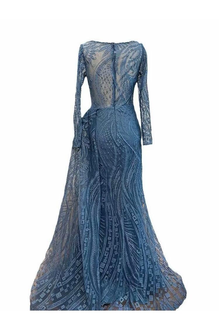 Blue Mermaid Prom Dress Long Sleeve Bateau Neck Formal Dress With Lace Appliques