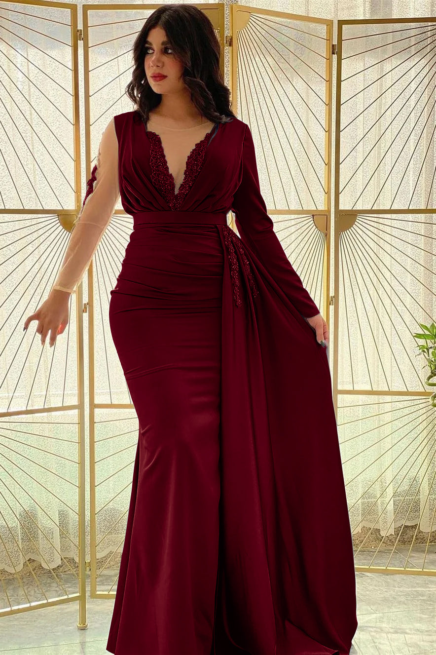 Blue Mermaid Prom Dress Long Sleeve Beaded Formal Dress