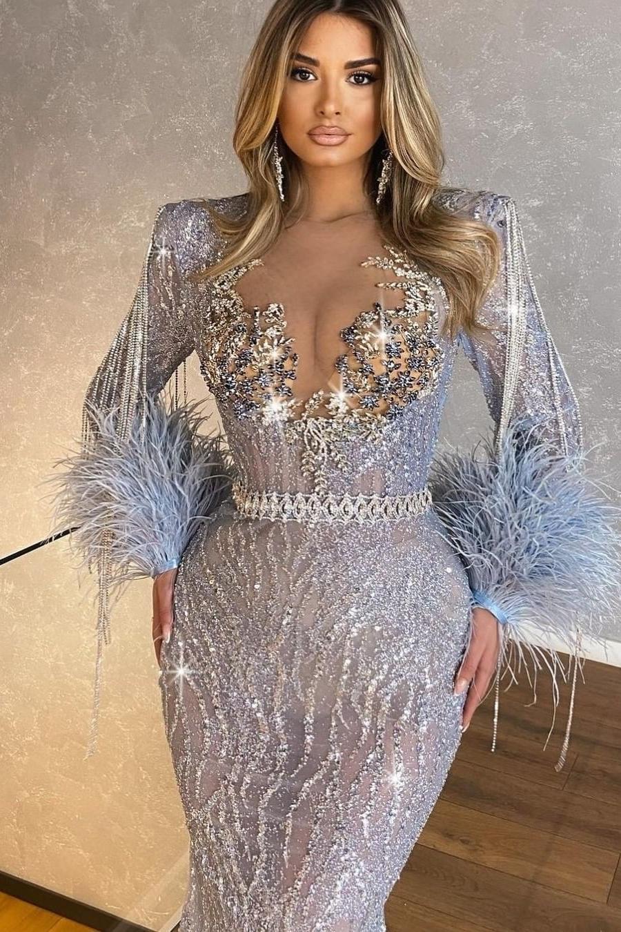 Blue Mermaid Prom Dress Long Sleeve Formal Dress