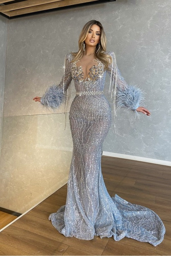 Blue Mermaid Prom Dress Long Sleeve Formal Dress