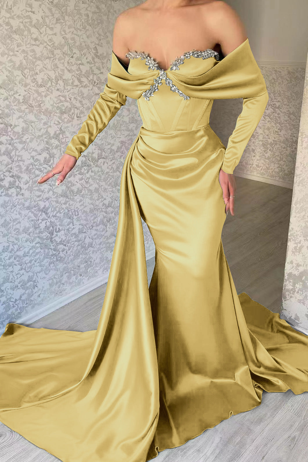 Blue Mermaid Prom Dress Long Sleeve Off the Shoulder Beaded Formal Dress