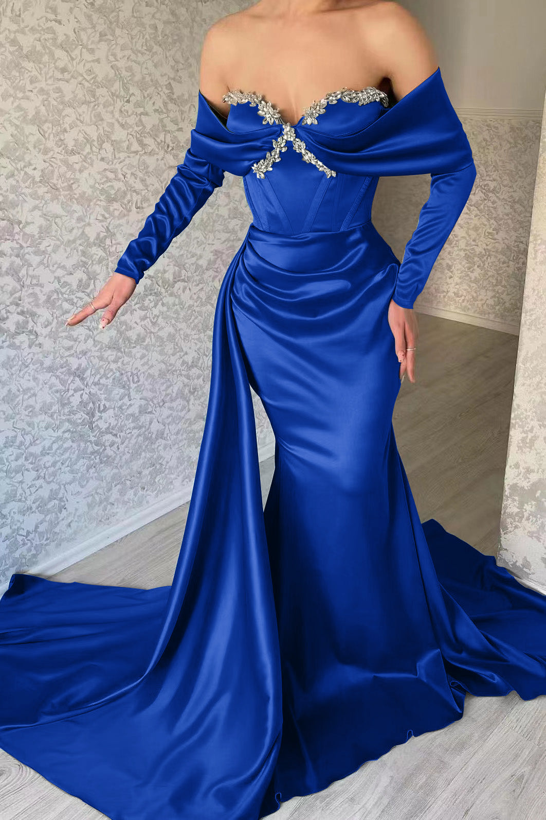 Blue Mermaid Prom Dress Long Sleeve Off the Shoulder Beaded Formal Dress