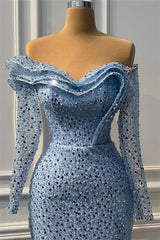 Blue Mermaid Prom Dress Long Sleeve Off the Shoulder Sequined Formal Dress