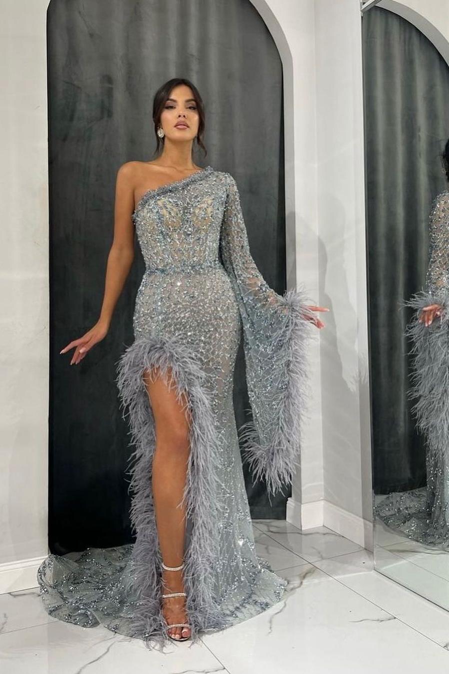 Blue Mermaid Prom Dress Long Sleeve One Shoulder Beaded Formal Dress