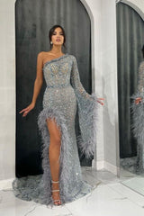 Blue Mermaid Prom Dress Long Sleeve One Shoulder Beaded Formal Dress