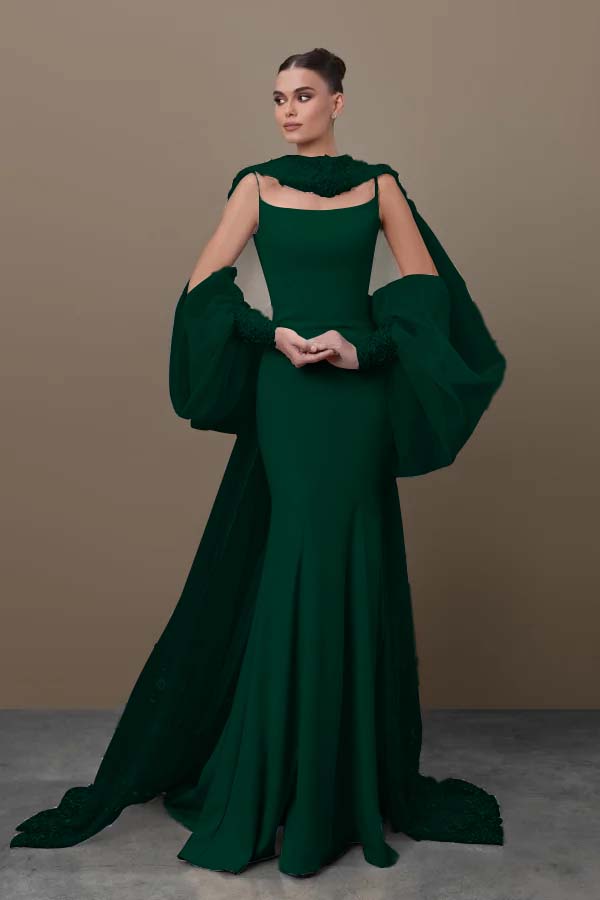 Blue Mermaid Prom Dress Long Sleeve Spaghetti Straps Satin Sequined Formal Dress