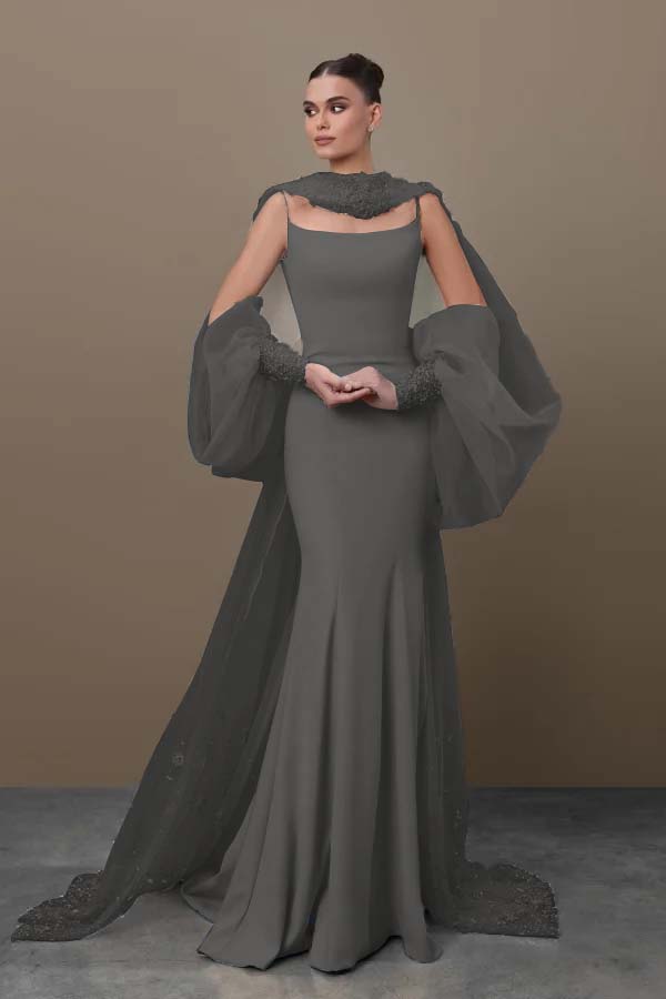 Blue Mermaid Prom Dress Long Sleeve Spaghetti Straps Satin Sequined Formal Dress