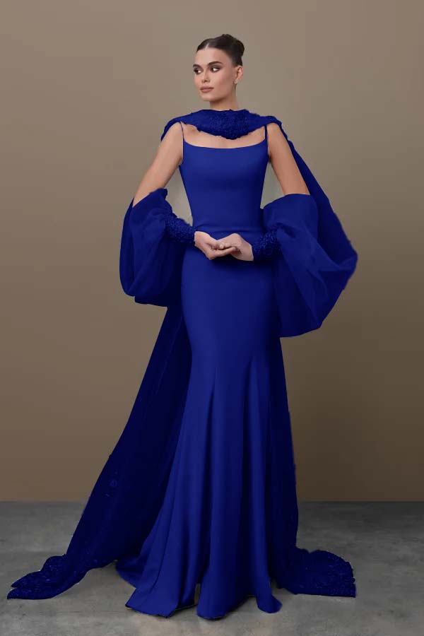 Blue Mermaid Prom Dress Long Sleeve Spaghetti Straps Satin Sequined Formal Dress