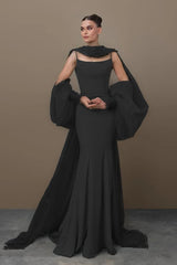 Blue Mermaid Prom Dress Long Sleeve Spaghetti Straps Satin Sequined Formal Dress