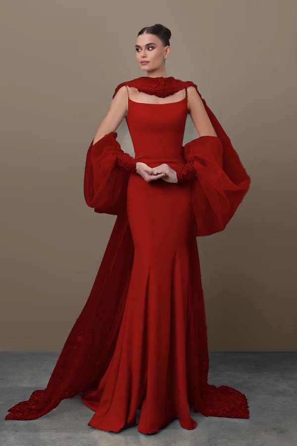 Blue Mermaid Prom Dress Long Sleeve Spaghetti Straps Satin Sequined Formal Dress