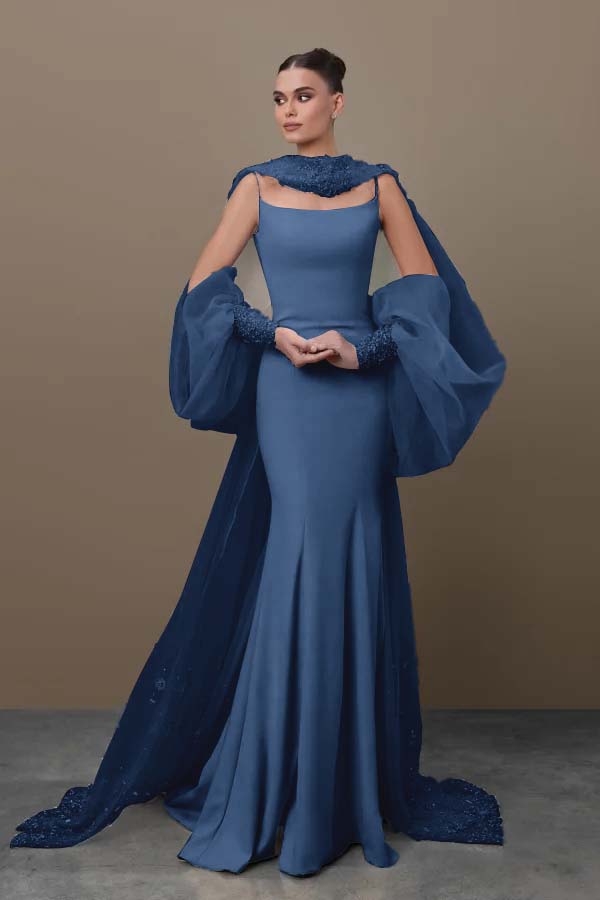 Blue Mermaid Prom Dress Long Sleeve Spaghetti Straps Satin Sequined Formal Dress