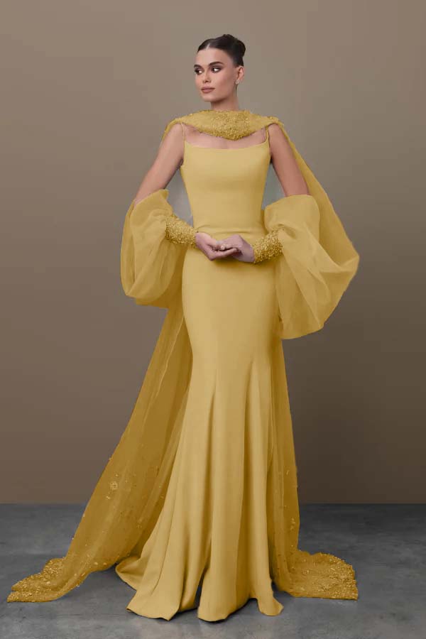 Blue Mermaid Prom Dress Long Sleeve Spaghetti Straps Satin Sequined Formal Dress