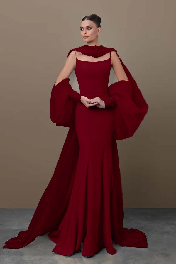 Blue Mermaid Prom Dress Long Sleeve Spaghetti Straps Satin Sequined Formal Dress