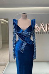 Blue Mermaid Prom Dress Long Sleeve V Neck Satin Sequined Formal Dress