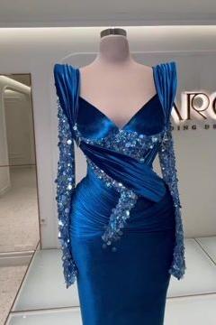 Blue Mermaid Prom Dress Long Sleeve V Neck Satin Sequined Formal Dress