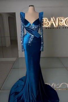 Blue Mermaid Prom Dress Long Sleeve V Neck Satin Sequined Formal Dress