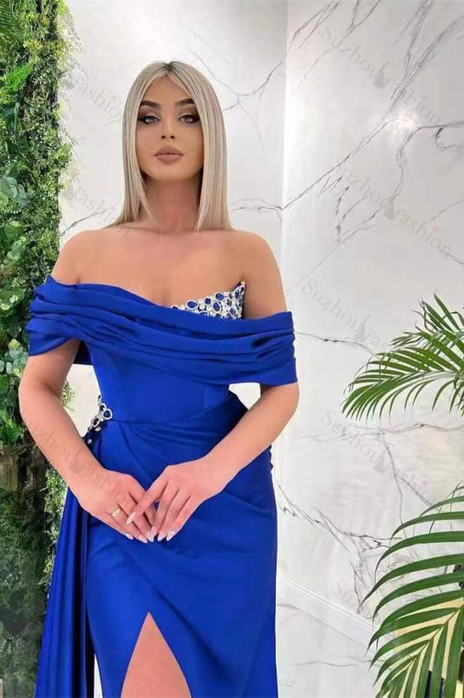 Blue Mermaid Prom Dress Off the Shoulder Beaded Formal Dress