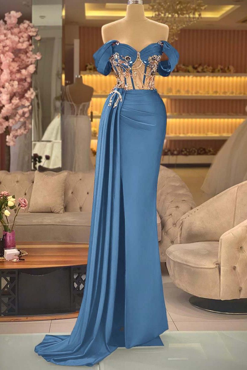 Blue Mermaid Prom Dress Off the Shoulder Beaded Formal Dress