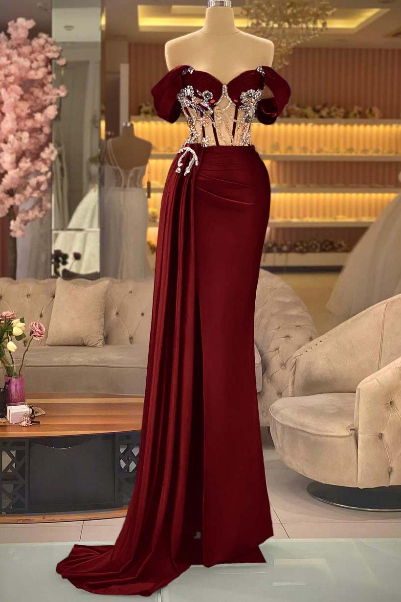 Blue Mermaid Prom Dress Off the Shoulder Beaded Formal Dress