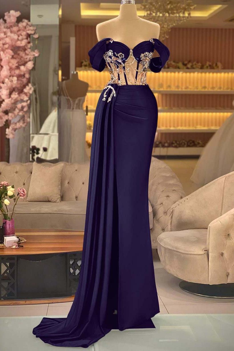 Blue Mermaid Prom Dress Off the Shoulder Beaded Formal Dress