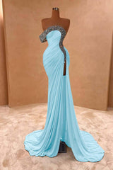 Blue Mermaid Prom Dress One Shoulder Beaded Formal Dress