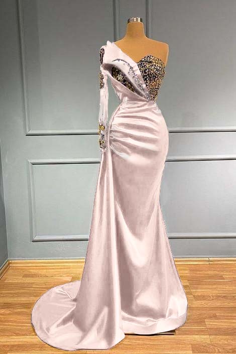 Blue Mermaid Prom Dress One Shoulder Long Sleeve Beaded Formal Dress