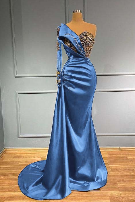 Blue Mermaid Prom Dress One Shoulder Long Sleeve Beaded Formal Dress