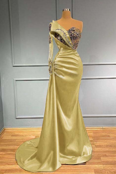 Blue Mermaid Prom Dress One Shoulder Long Sleeve Beaded Formal Dress