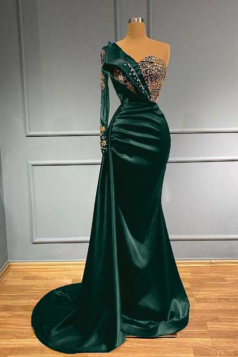 Blue Mermaid Prom Dress One Shoulder Long Sleeve Beaded Formal Dress