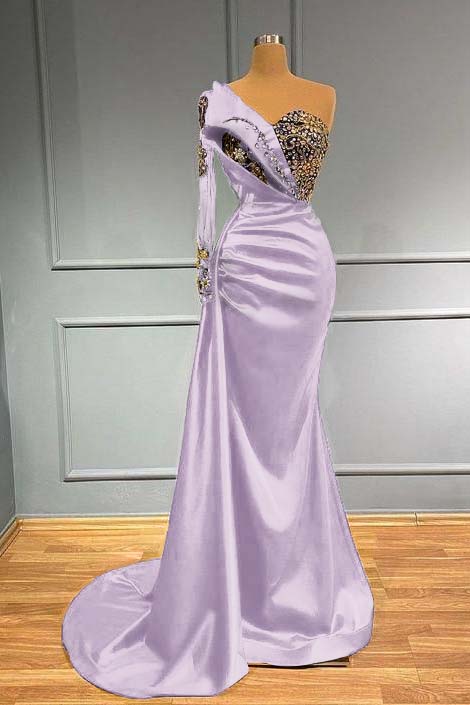 Blue Mermaid Prom Dress One Shoulder Long Sleeve Beaded Formal Dress