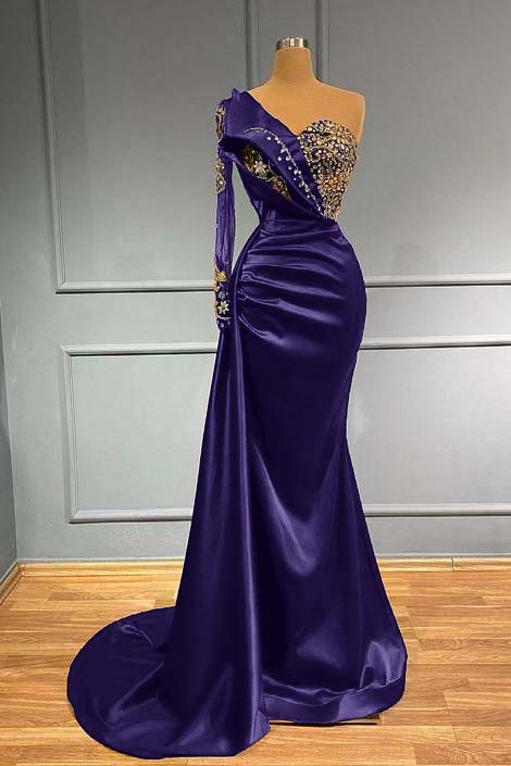 Blue Mermaid Prom Dress One Shoulder Long Sleeve Beaded Formal Dress