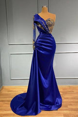 Blue Mermaid Prom Dress One Shoulder Long Sleeve Beaded Formal Dress