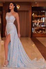 Blue Mermaid Prom Dress One Shoulder Sequined Formal Dress