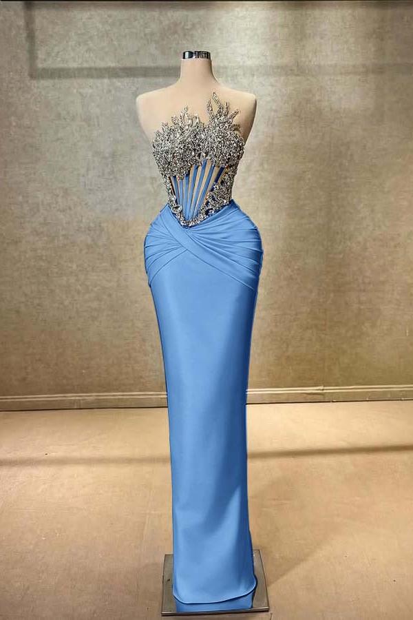 Blue Mermaid Prom Dress Sleeveless Beaded Formal Dress