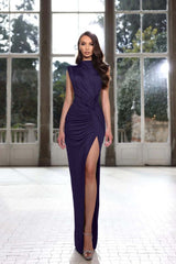 Blue Mermaid Prom Dress Sleeveless High Neck Polka Dots Formal Dress