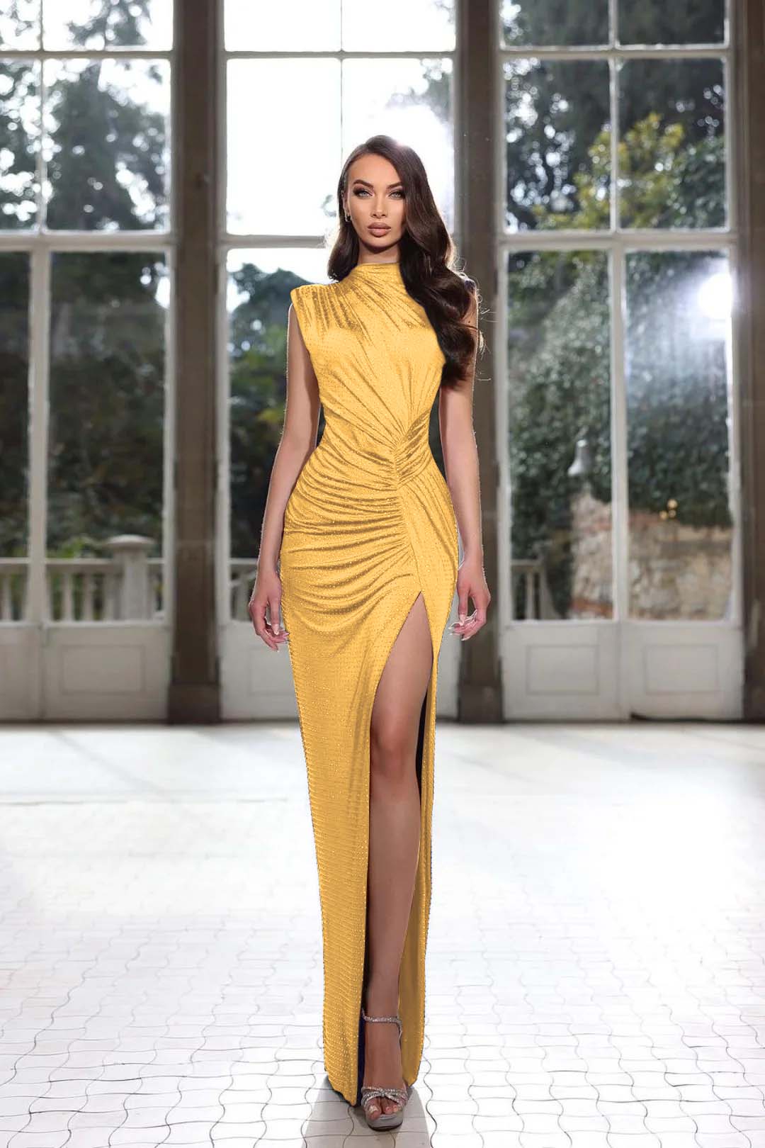 Blue Mermaid Prom Dress Sleeveless High Neck Polka Dots Formal Dress