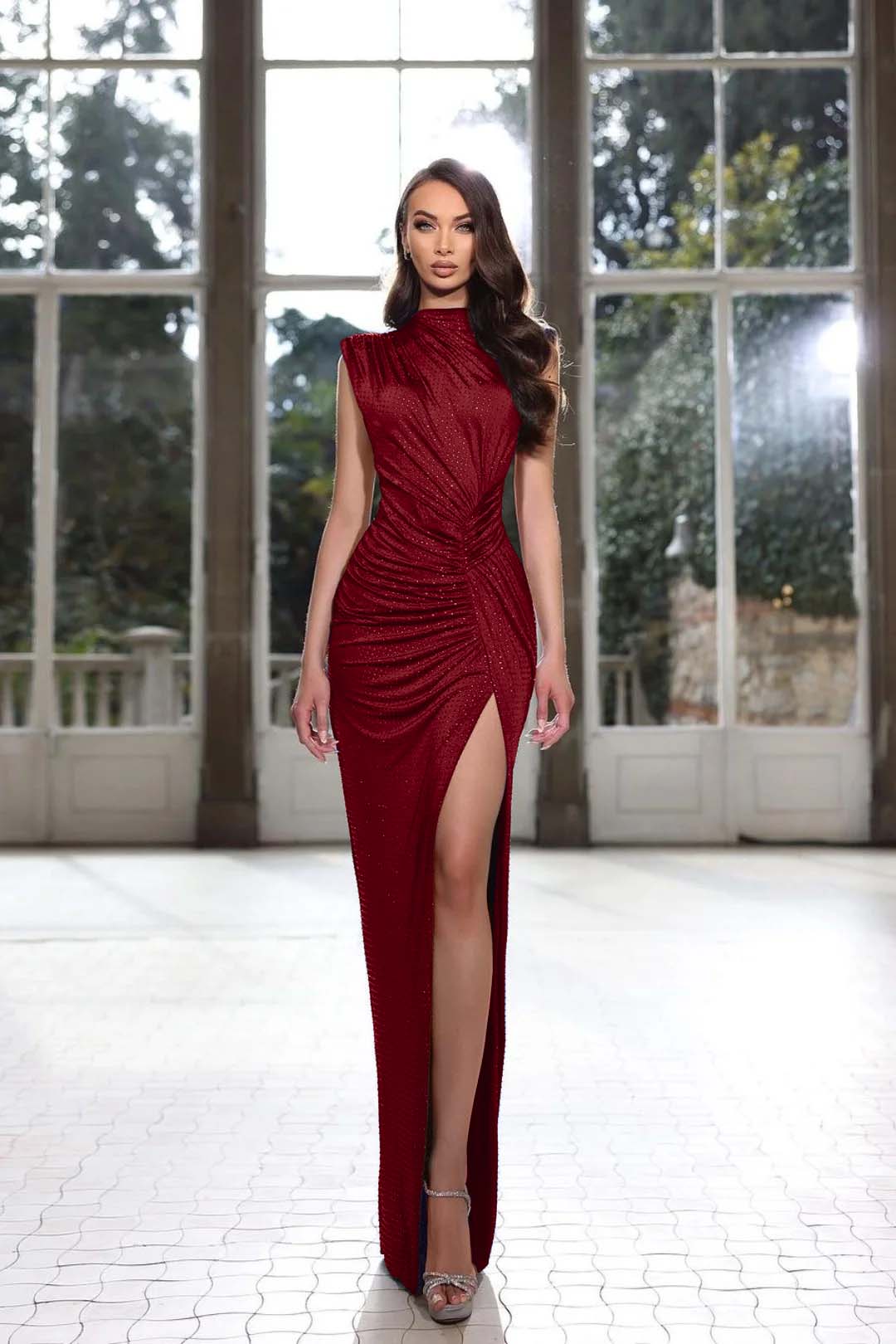 Blue Mermaid Prom Dress Sleeveless High Neck Polka Dots Formal Dress