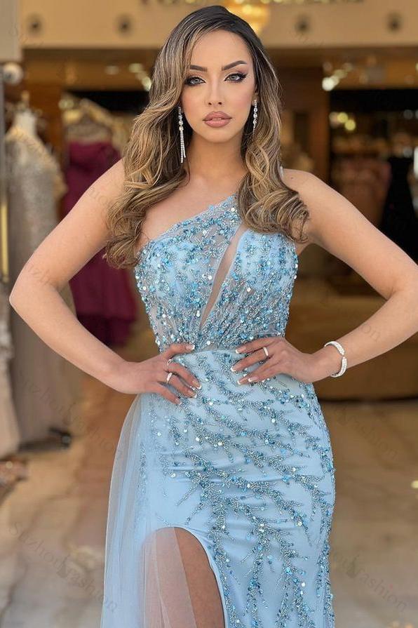 Blue Mermaid Prom Dress Sleeveless One Shoulder Sequined Formal Dress