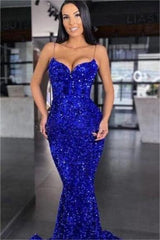 Blue Mermaid Prom Dress Sleeveless Sequined Spaghetti Straps Formal Dress
