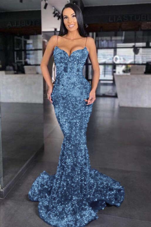 Blue Mermaid Prom Dress Sleeveless Sequined Spaghetti Straps Formal Dress