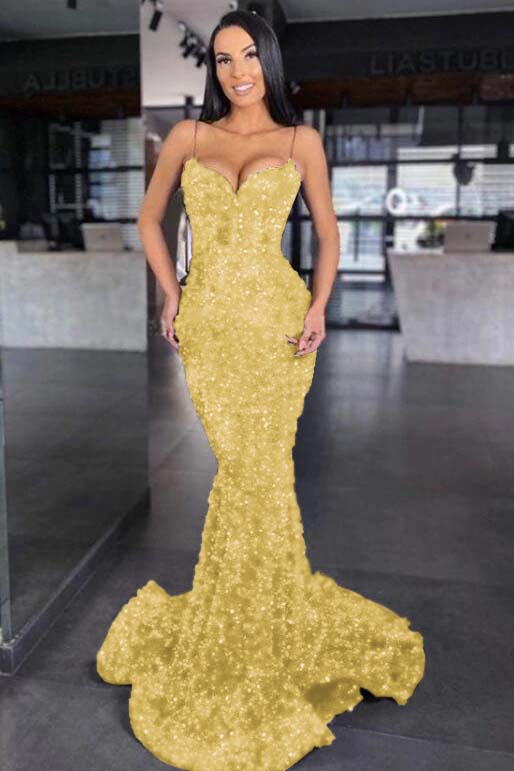 Blue Mermaid Prom Dress Sleeveless Sequined Spaghetti Straps Formal Dress