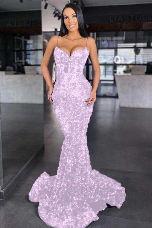 Blue Mermaid Prom Dress Sleeveless Sequined Spaghetti Straps Formal Dress